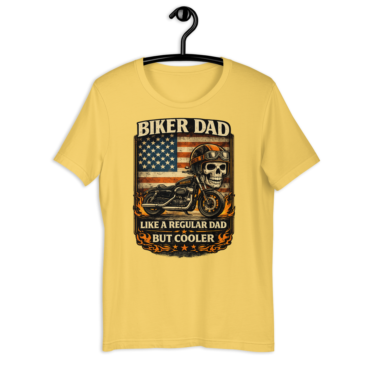 Biker Dad Like A Regular Dad But Cooler Funny Motorcycle Graphic Tee yellow t-shirt mockup