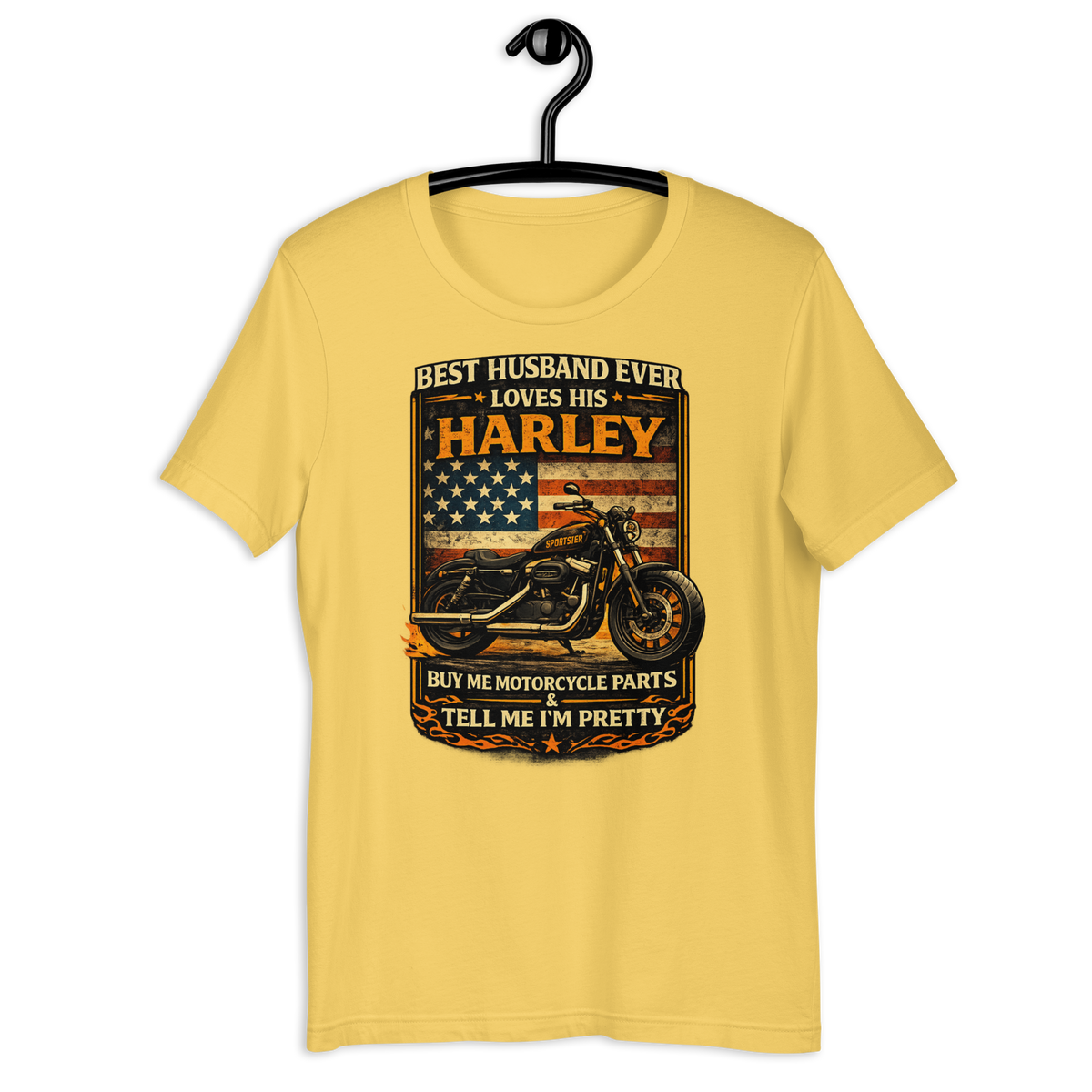 Best Husband Ever Loves His Motorcycle Funny Motorcycle Graphic Tee yellow t-shirt mockup