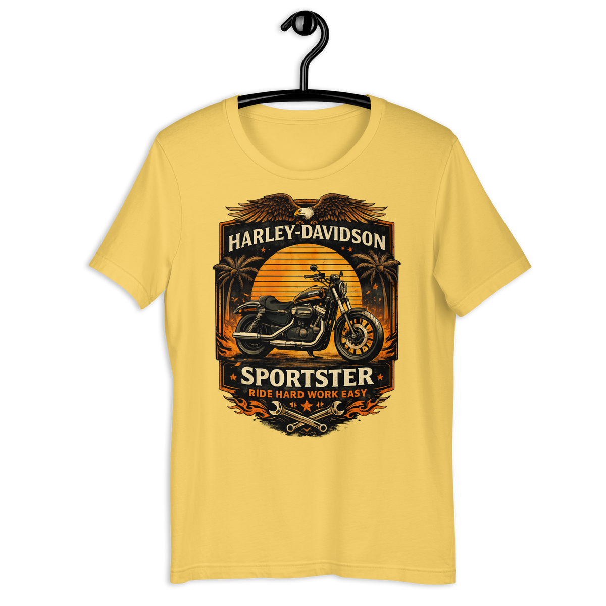 Sportster Ride Hard Work Easy Vintage Motorcycle Graphic Tee yellow t-shirt mockup