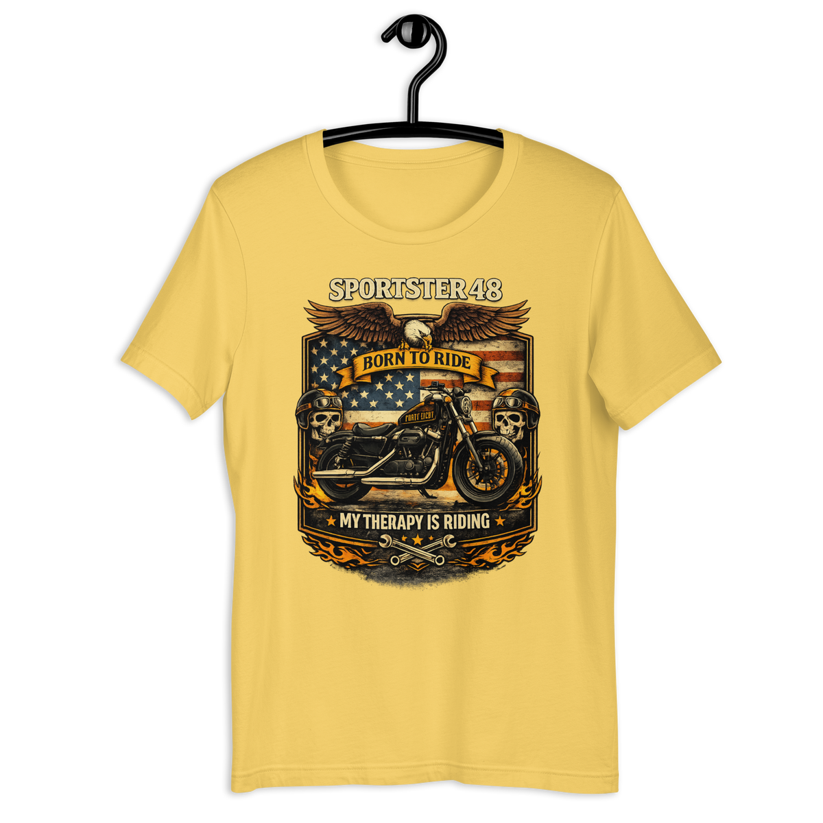 Sportster 48 Born To Ride My Therapy Is Riding Motorcycle Graphic Tee yellow t-shirt mockup