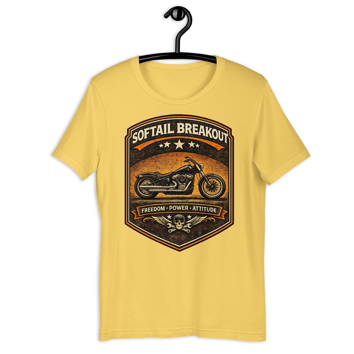 Softail Breakout Freedom Power Attitude Vintage Motorcycle Graphic Tee yellow t-shirt mockup
