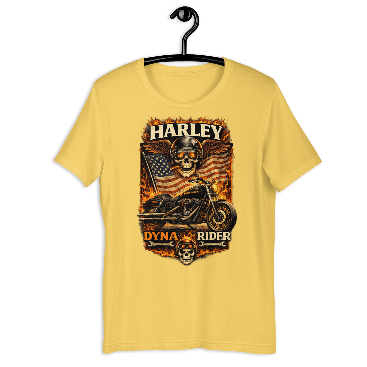 Dyna Rider American Flag Motorcycle Graphic Tee yellow t-shirt mockup