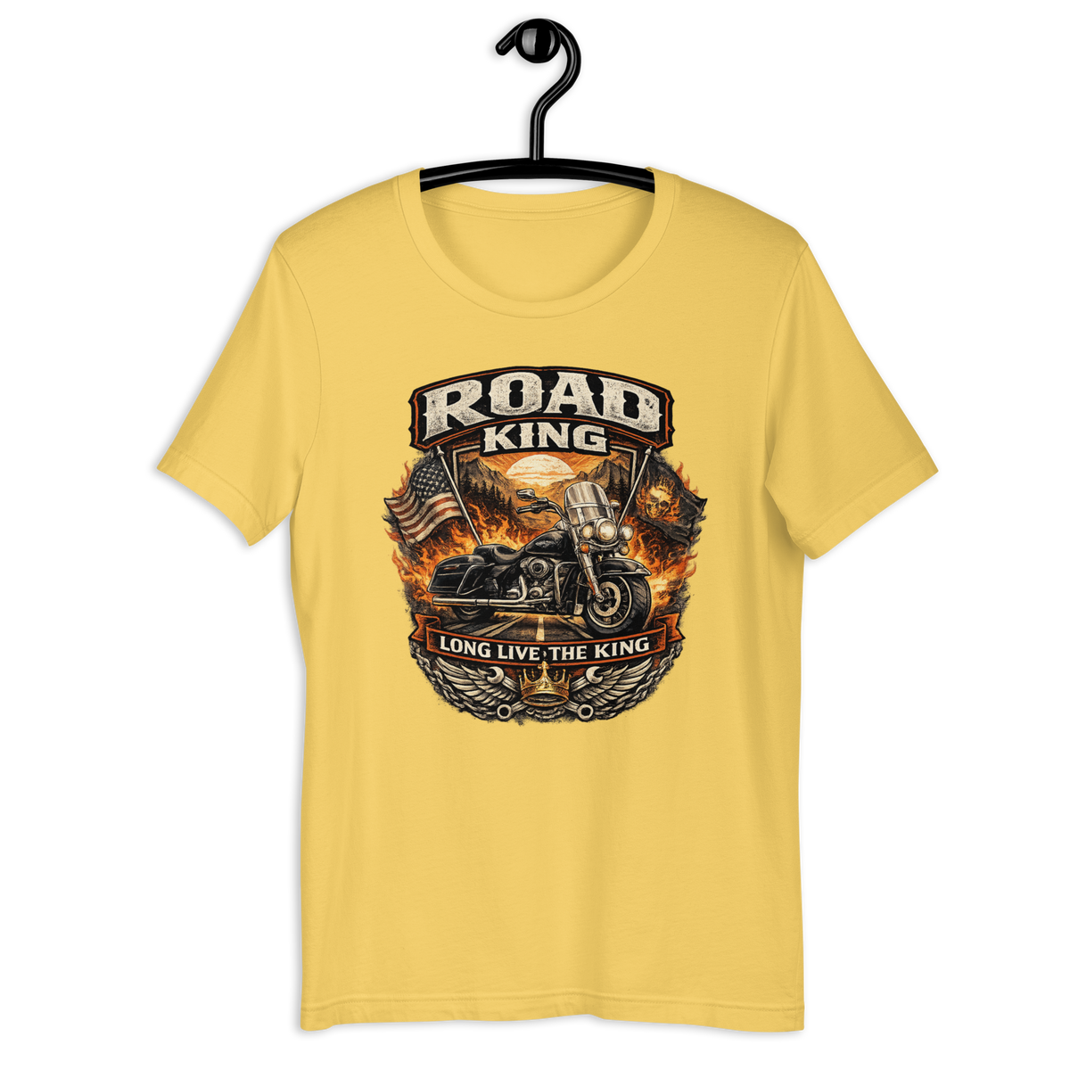 Road King Long Live The King Vintage Motorcycle Graphic Tee yellow t-shirt mockup