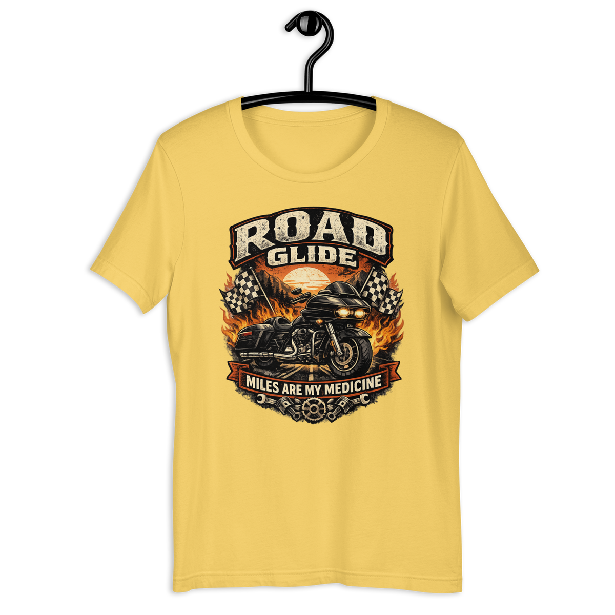 Road Glide Miles Are My Medicine Vintage Motorcycle Graphic Tee yellow t-shirt mockup