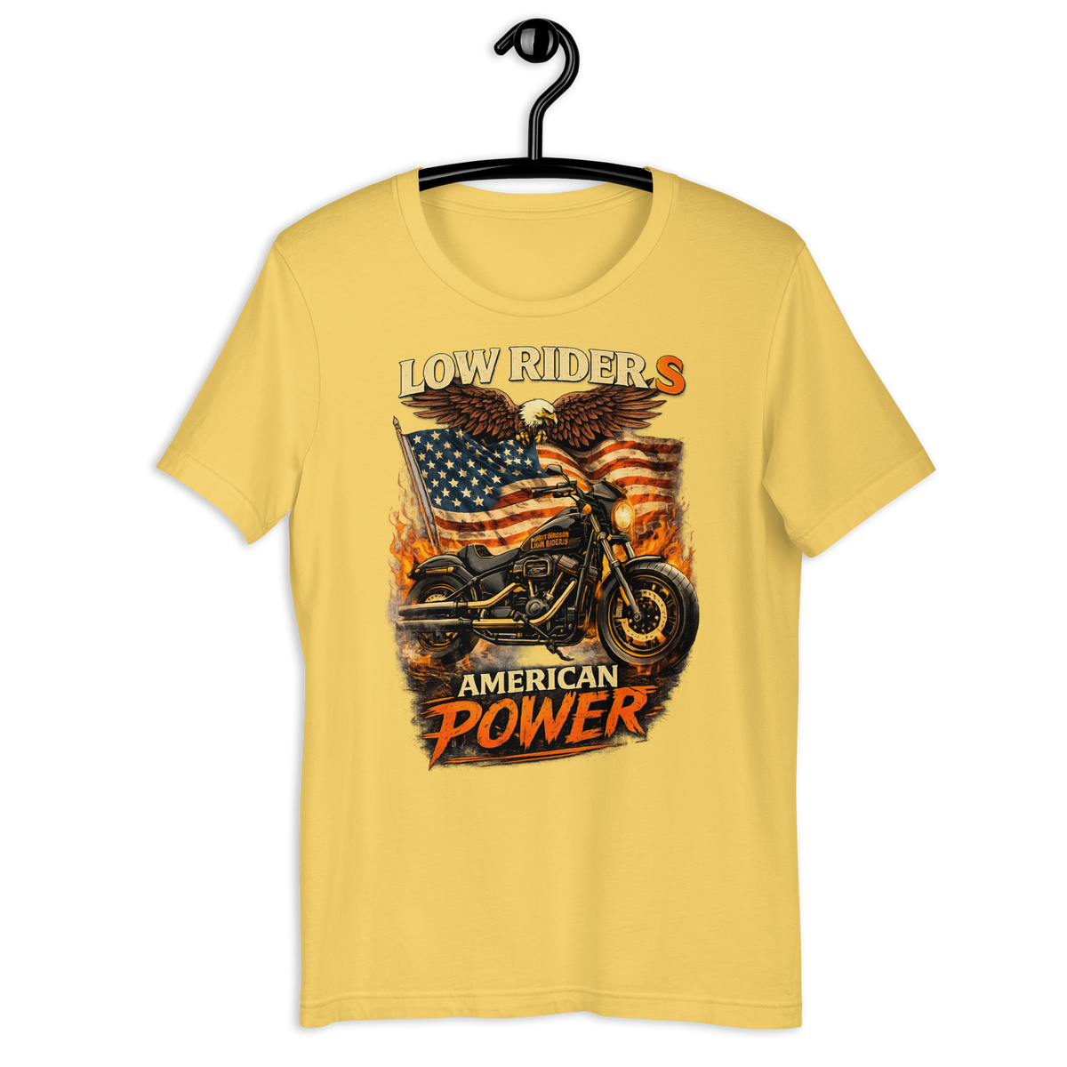 Low Rider S American Power Patriotic Motorcycle Graphic Tee yellow t-shirt mockup