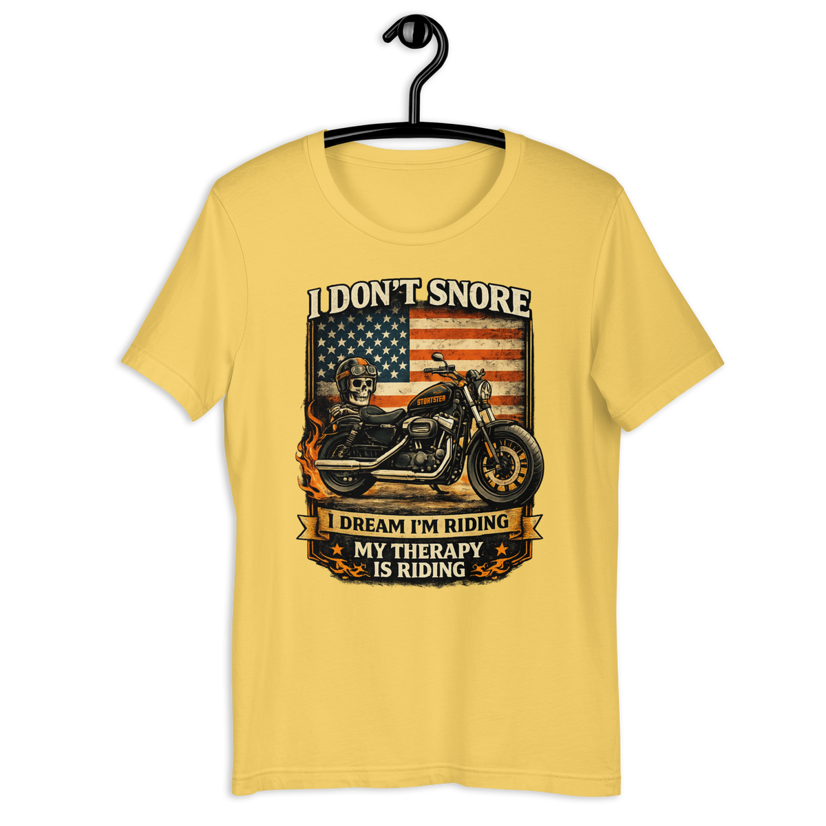I Don't Snore I Dream I'm Riding Funny Motorcycle Graphic Tee yellow t-shirt mockup