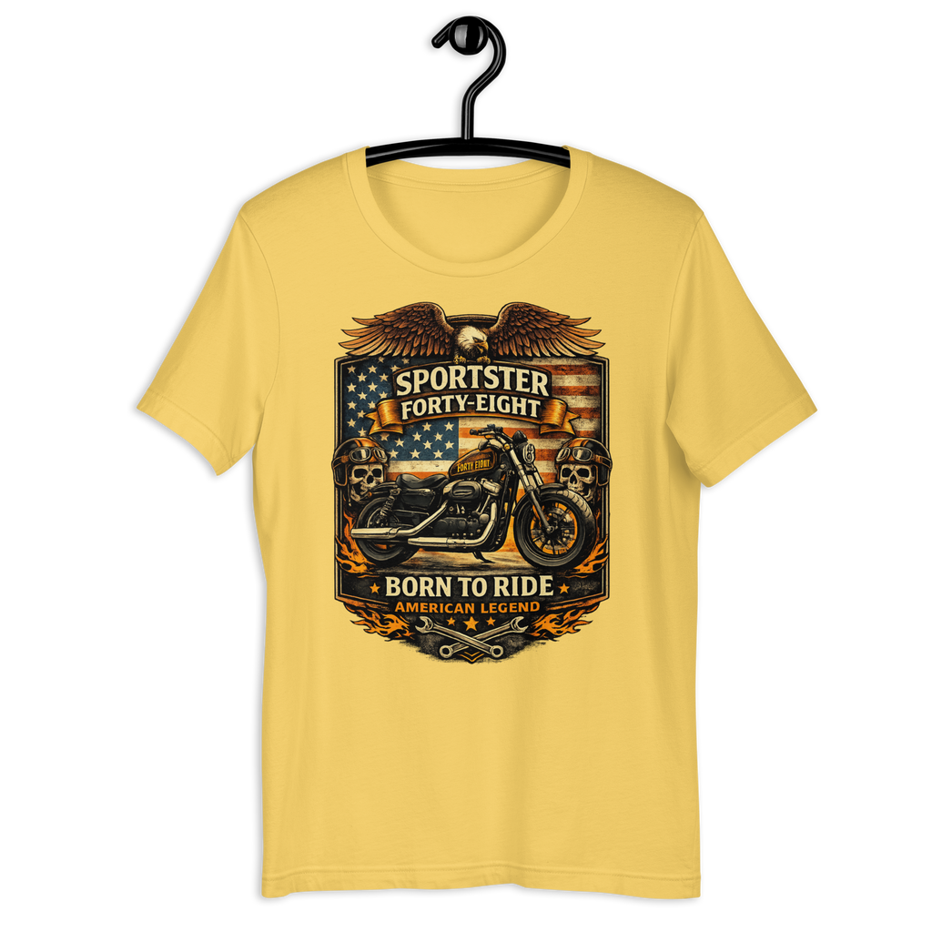 Sportster Forty-Eight Born To Ride American Legend Motorcycle Graphic Tee orange t-shirt mockup
