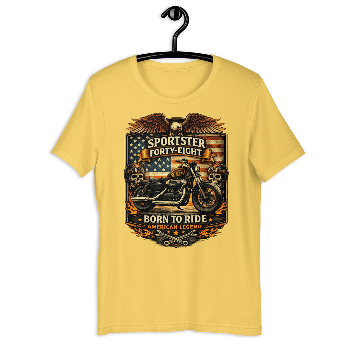 Sportster Forty-Eight Born To Ride American Legend Motorcycle Graphic Tee orange t-shirt mockup