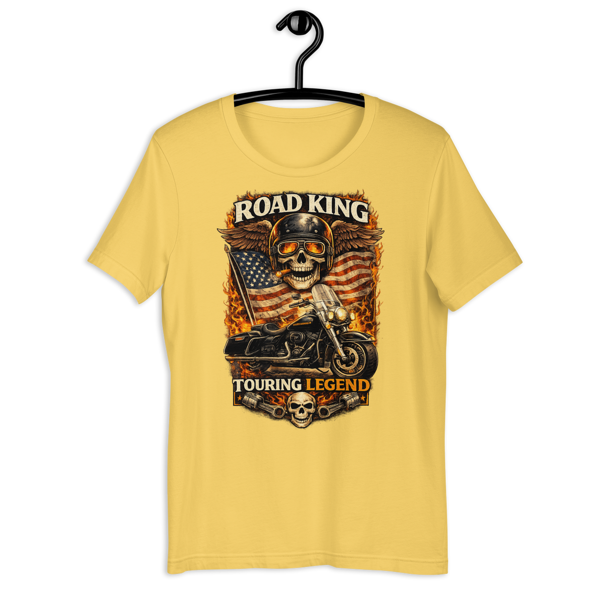 Road King Touring Legend American Flag Motorcycle Graphic Tee yellow t-shirt mockup
