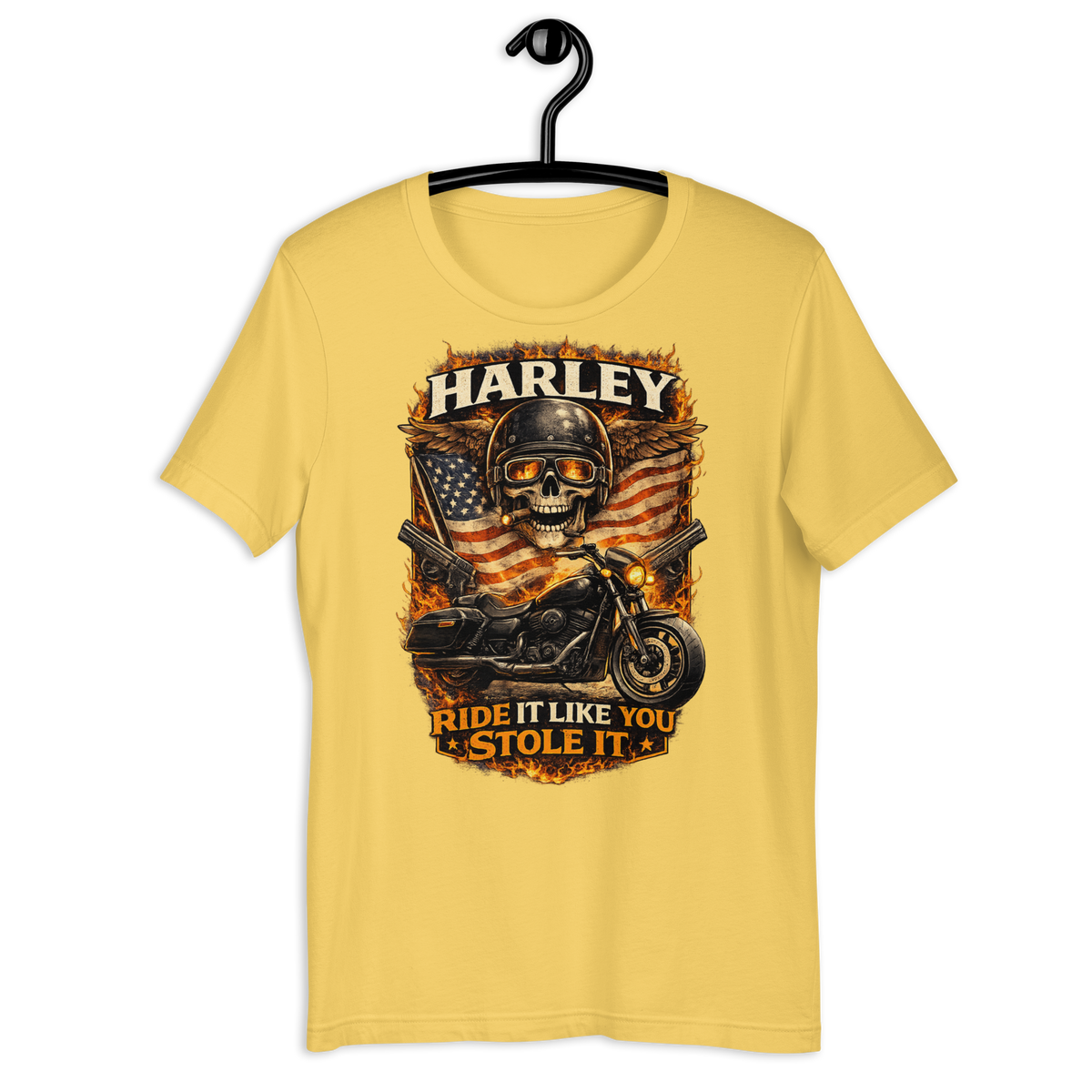 Ride It Like You Stole It Funny Motorcycle Graphic Tee orange t-shirt mockup