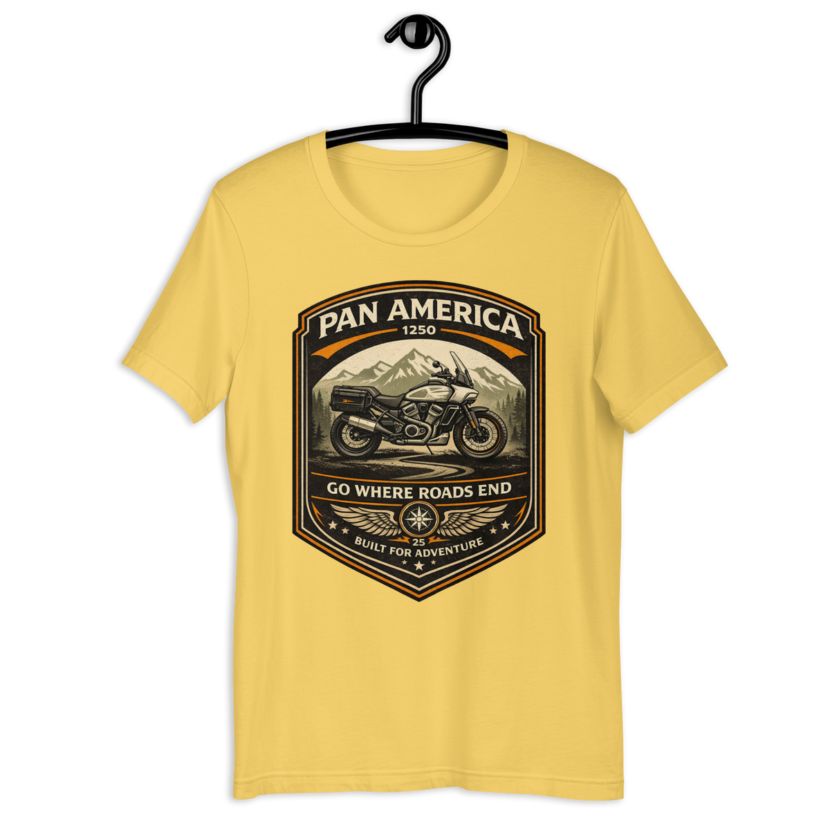 Pan America Go Where Roads End Adventure Motorcycle Graphic Tee yellow t-shirt mockup